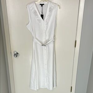 New Saks Fifth Avenue Elegant White Sleeveless 100% Linen Dress, NWT, Size XL/16